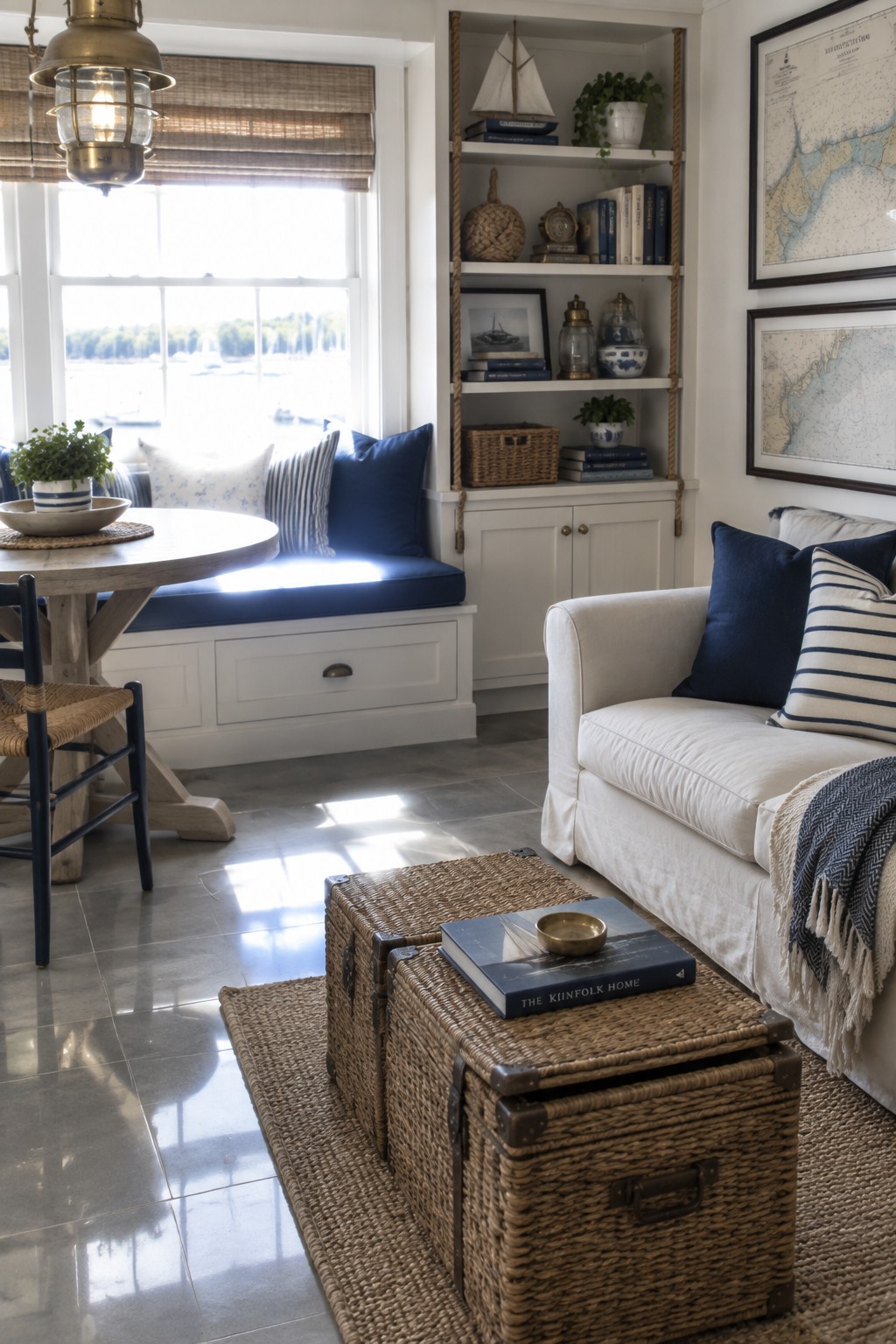 A white built-in bench with navy cushions and a storage drawer sits beside a round dining table in a coastal living room.