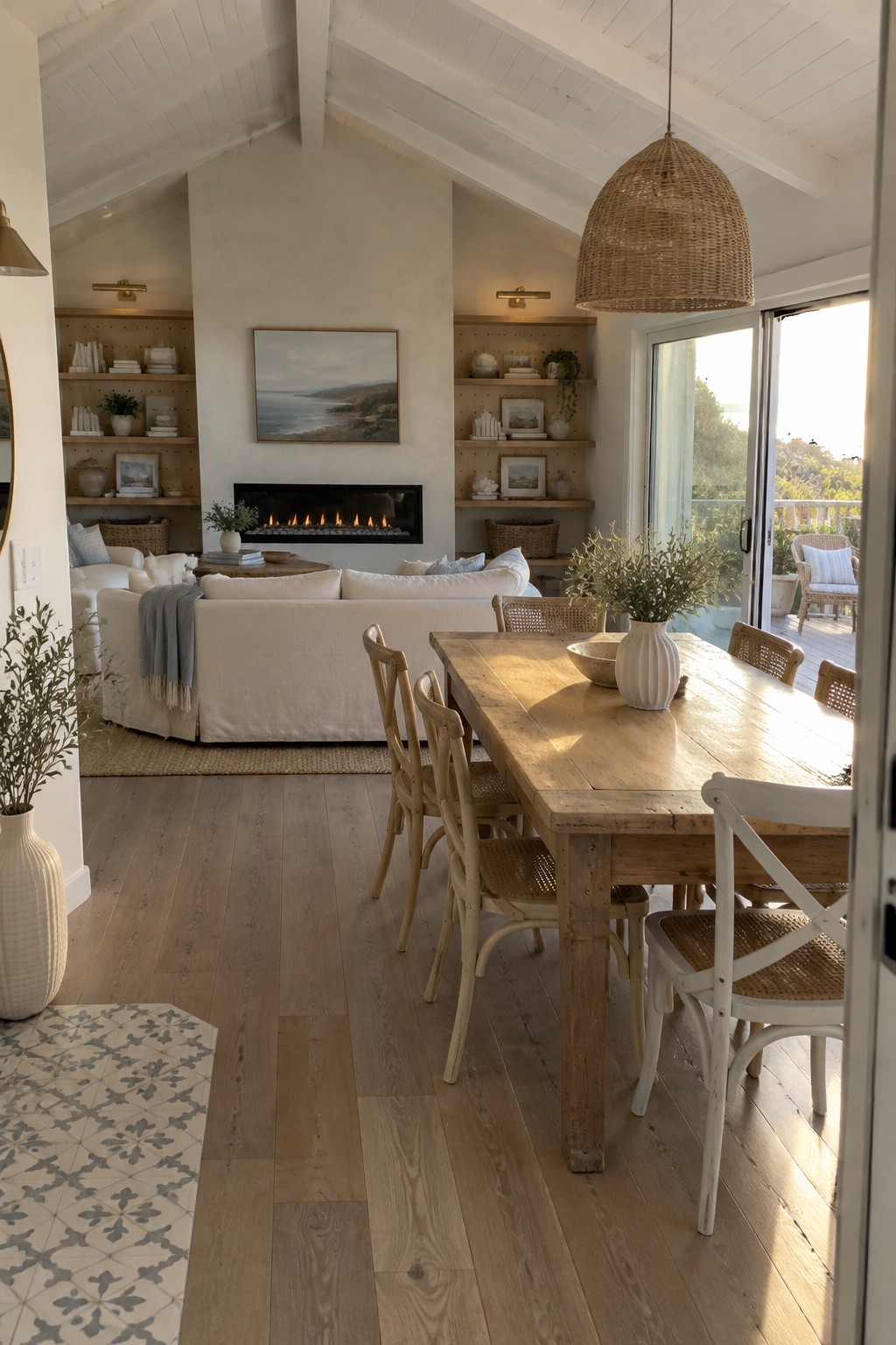 A dining table and chairs sit beside a living room with a white sofa, built-in shelves, and a fireplace.