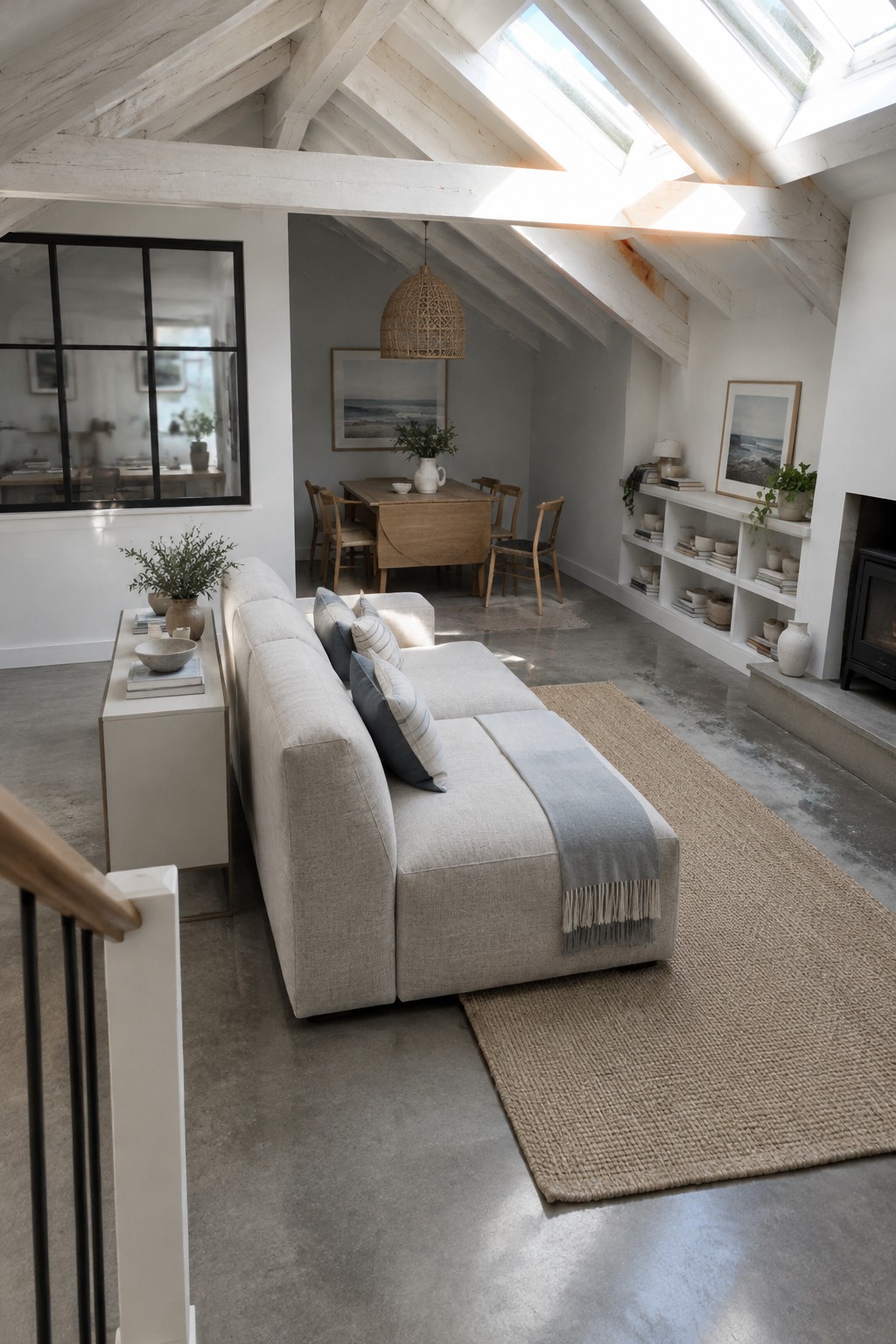 A light-colored sofa faces a woven rug in an open living and dining room with exposed ceiling beams and a wooden dining table.