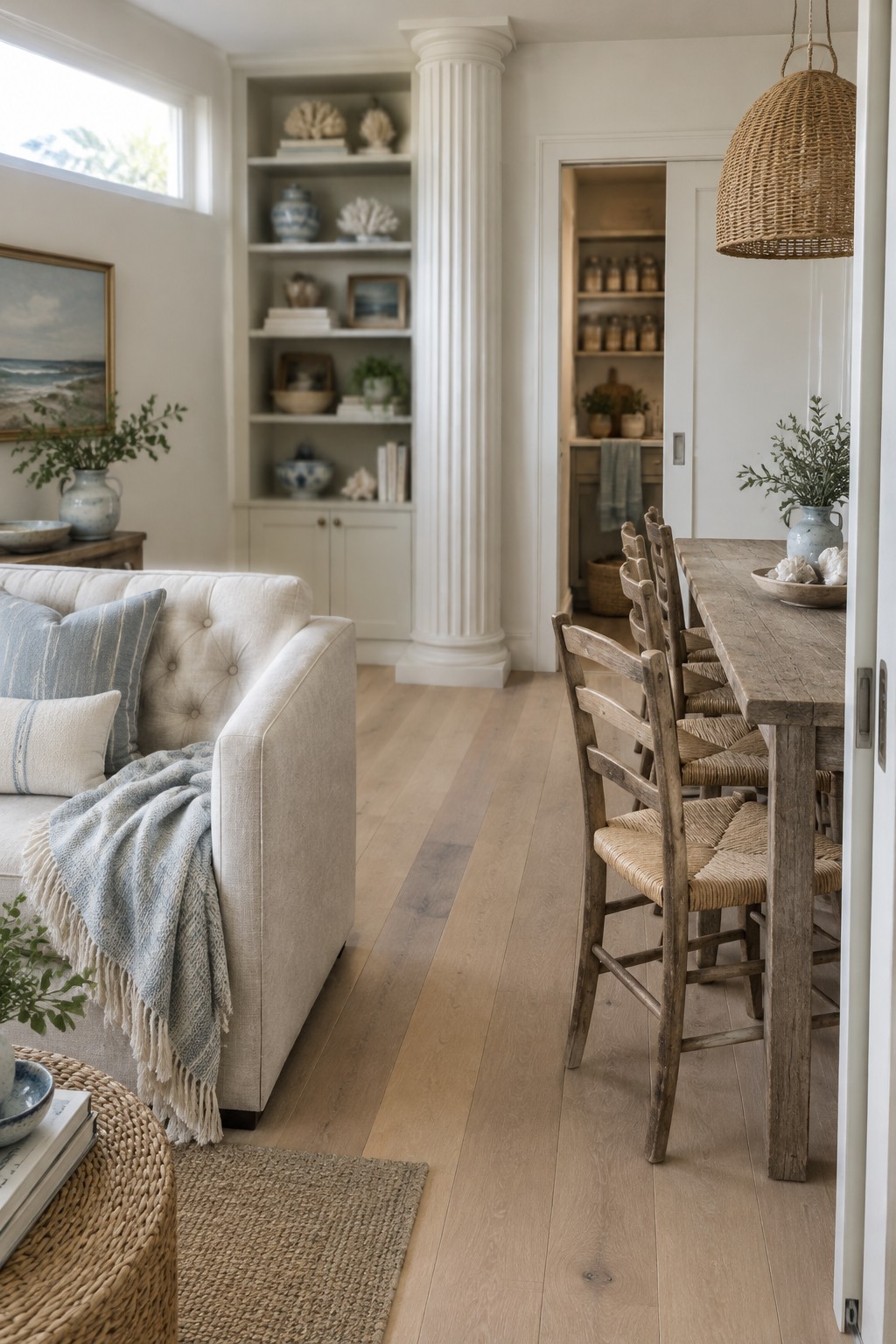 A cream sofa and rustic dining table sit along a narrow open room with pale wood floors and built-in shelves.