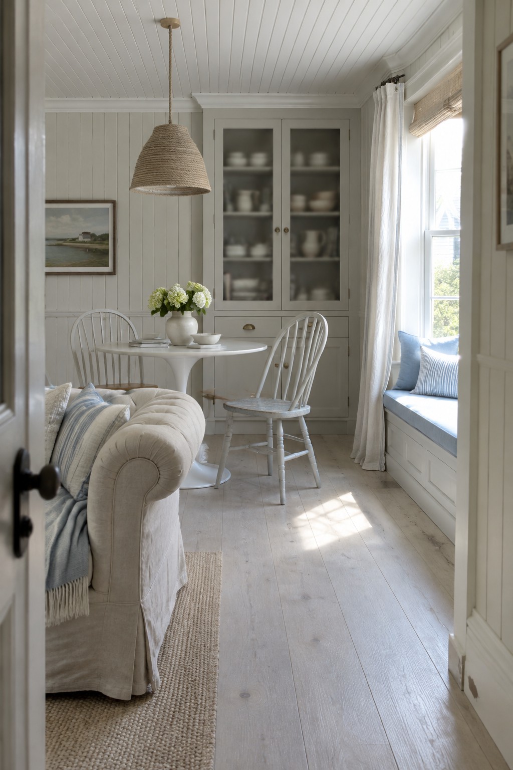 A small dining area with a tall built-in cabinet, a round white table, spindle-back chairs, and a window seat.