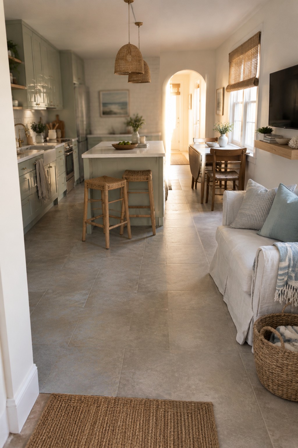 A narrow open-plan kitchen, dining area, and living space with a central island, small dining table, and sofa.