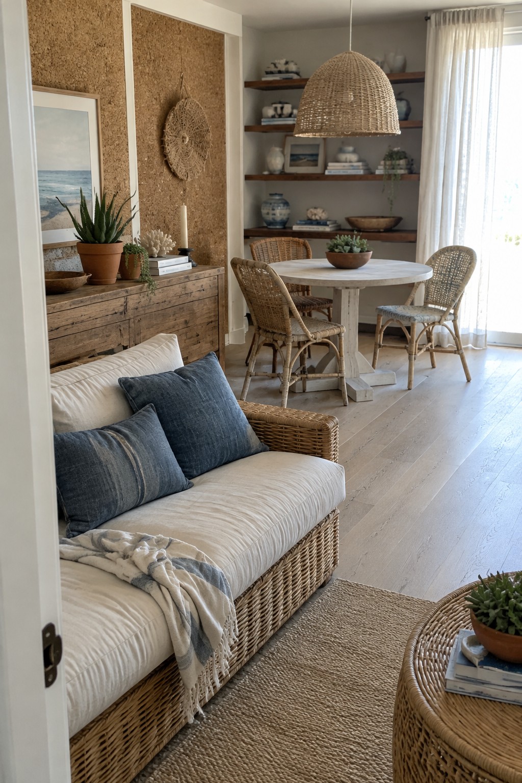A wicker sofa with white cushions sits beside a round dining table and wicker chairs in an open living and dining room.