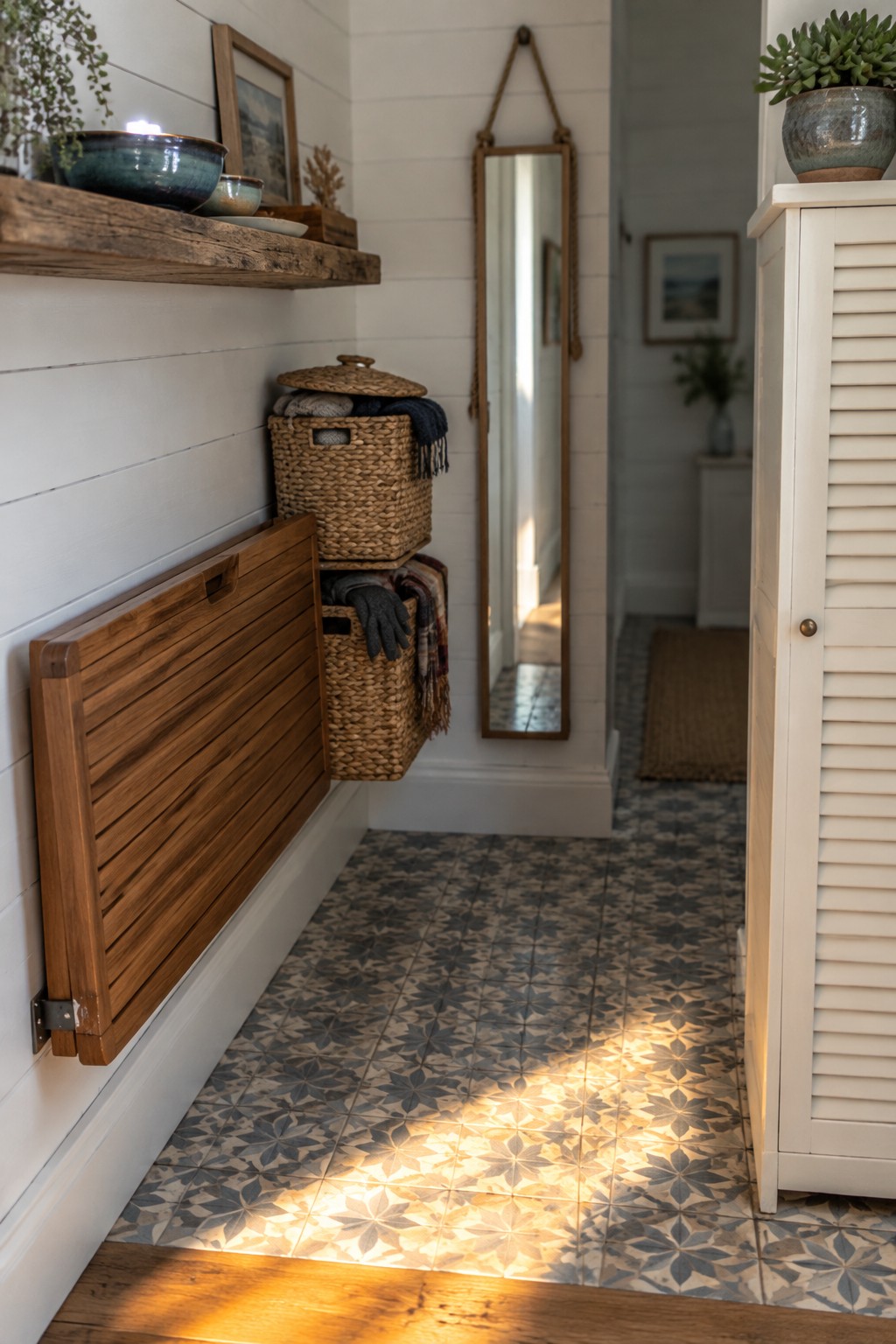 A wooden fold-down bench is mounted on the white plank wall of a narrow entryway with woven baskets and patterned floor tiles.