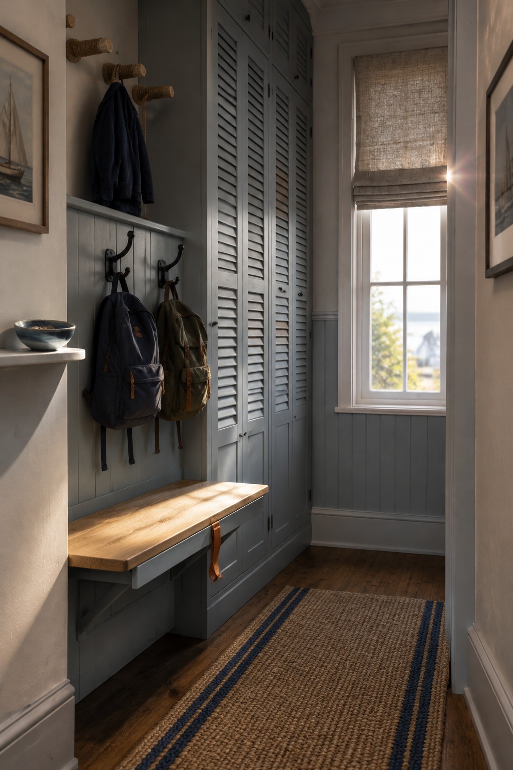 A narrow entryway with pale blue-gray louvered cupboards, a built-in bench, wall hooks, and two backpacks.
