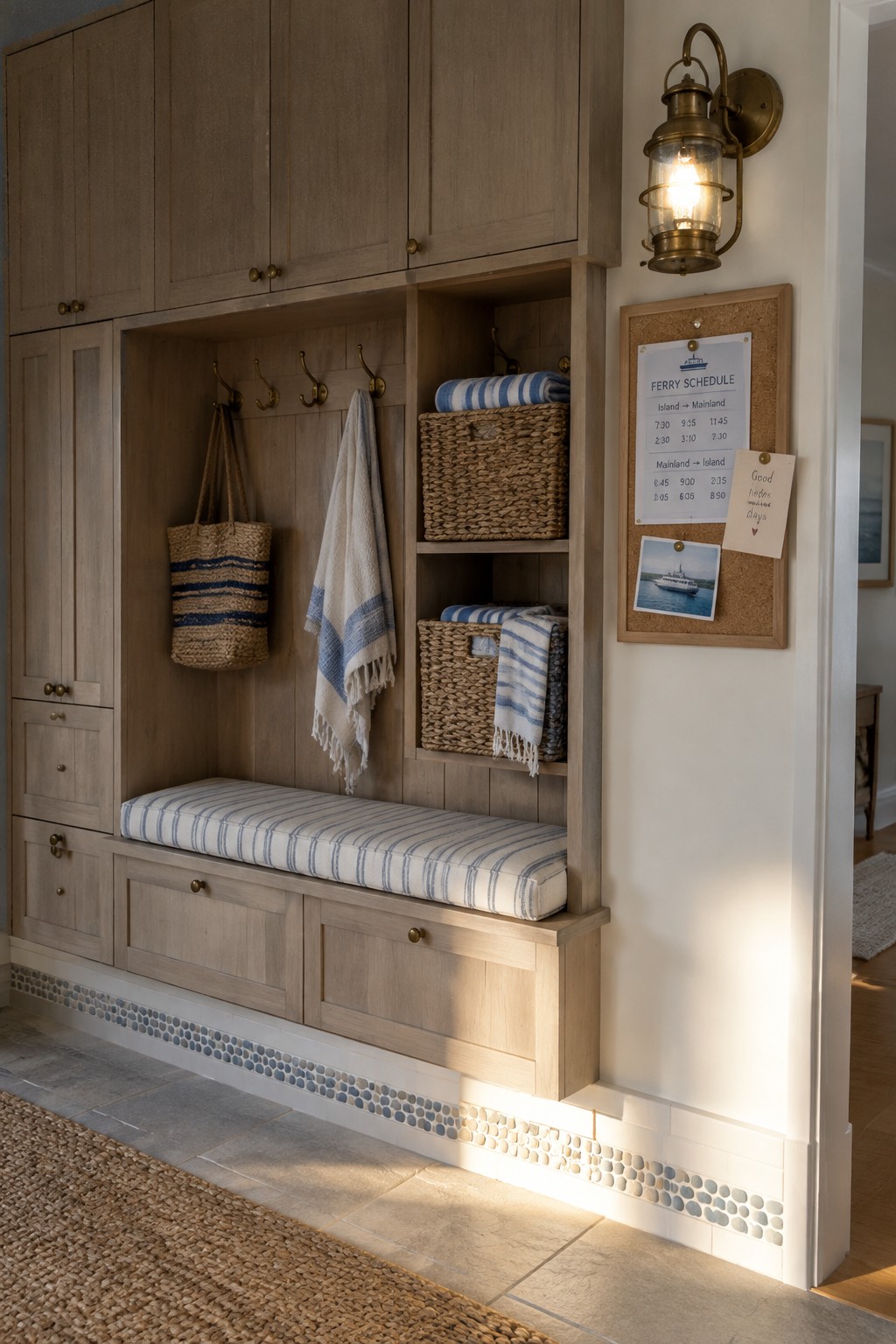 A built-in wooden entryway bench with hooks, woven baskets, striped cushions, and a ferry schedule board on the wall.