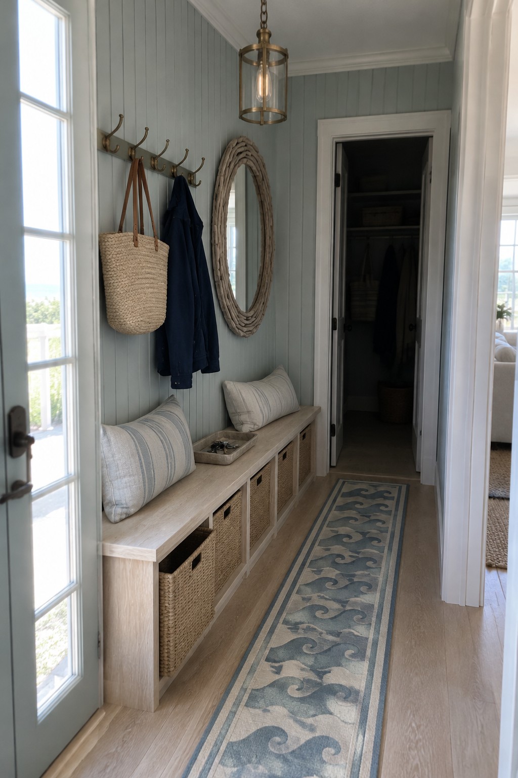A narrow entryway with a built-in bench, woven storage baskets, wall hooks, and a blue patterned runner.
