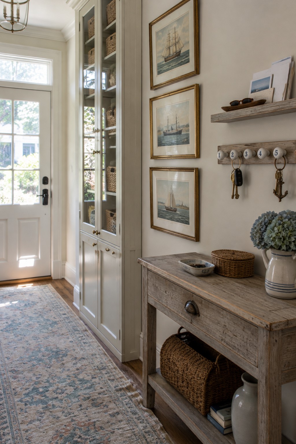 A weathered wood console table with baskets sits beside a narrow entryway rug, with a key rack and framed ship prints on the wall.