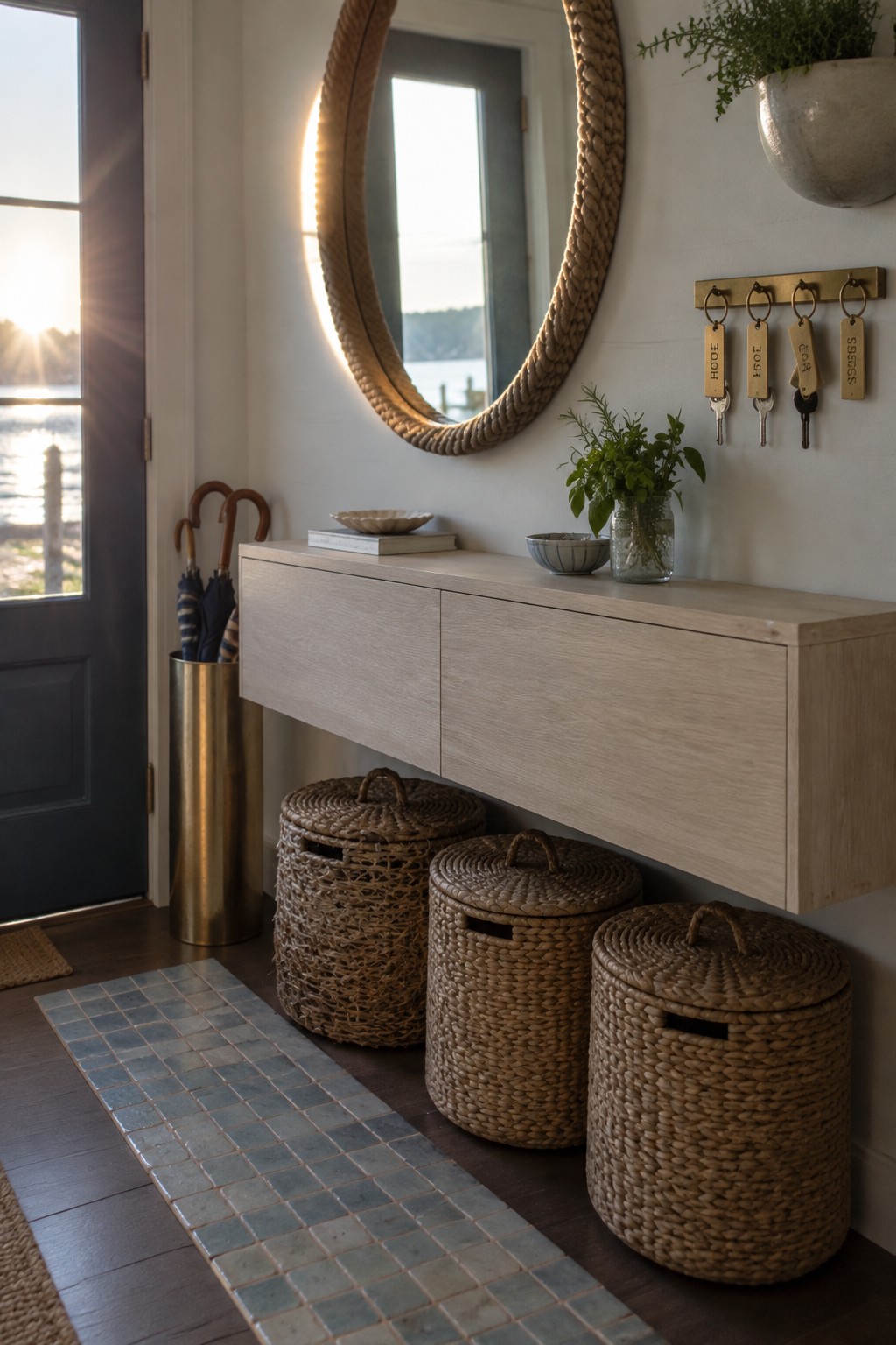 Three woven lidded baskets sit beneath a light wood console table in an entryway.