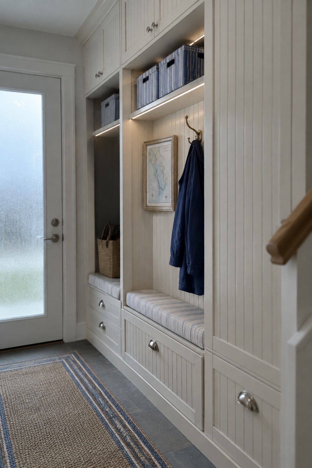 A narrow entryway with white built-in cabinets, a cushioned bench, blue storage bins, and a coat hanging on a brass hook.
