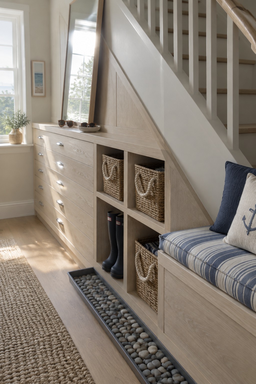 Light wood drawers and open cubbies with baskets and boots fill the space beneath a staircase beside a cushioned bench.