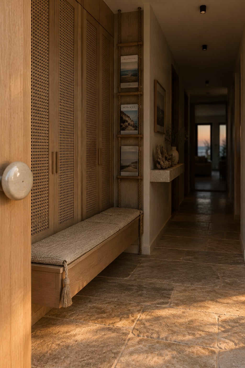 A wooden entryway bench with a woven cushion sits beneath perforated cabinet doors beside a hallway.