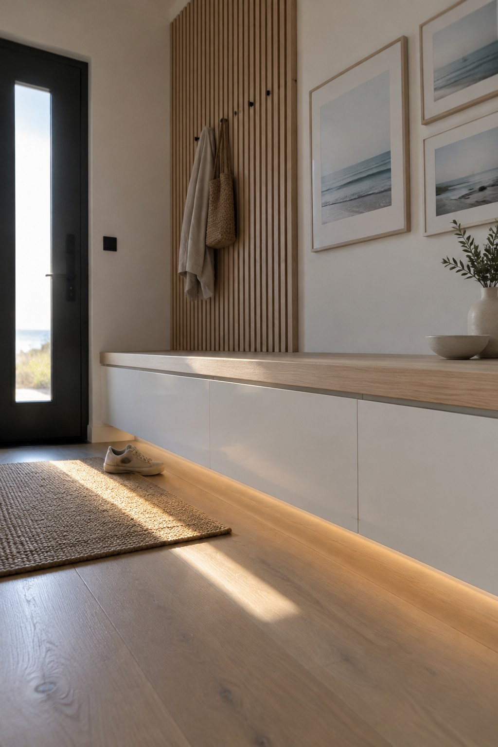 A white built-in entry cabinet with a light wood bench top, a pair of shoes on the floor, and vertical wood slats with hooks.