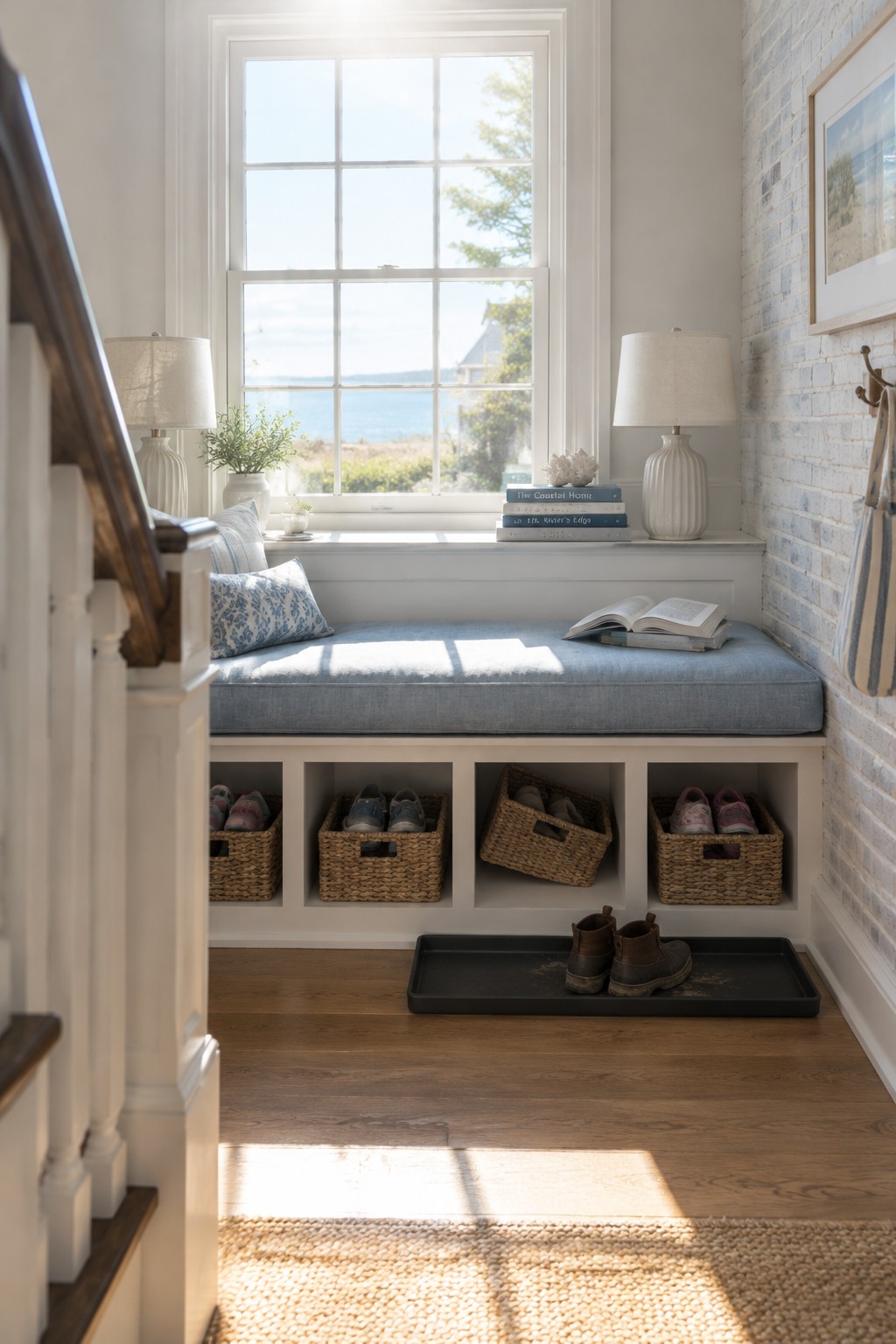 A blue-cushioned window seat above four open shoe cubbies with baskets in a coastal entryway.