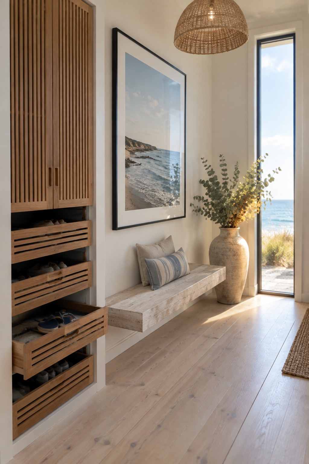 A coastal entryway with built-in wooden shoe drawers, a bench, framed beach art, and a tall glass door.