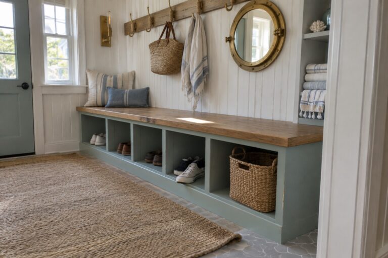 A built-in sage-green entry bench has open shoe cubbies beneath a wooden seat, with a woven basket, wall hooks, and folded towels on shelves.