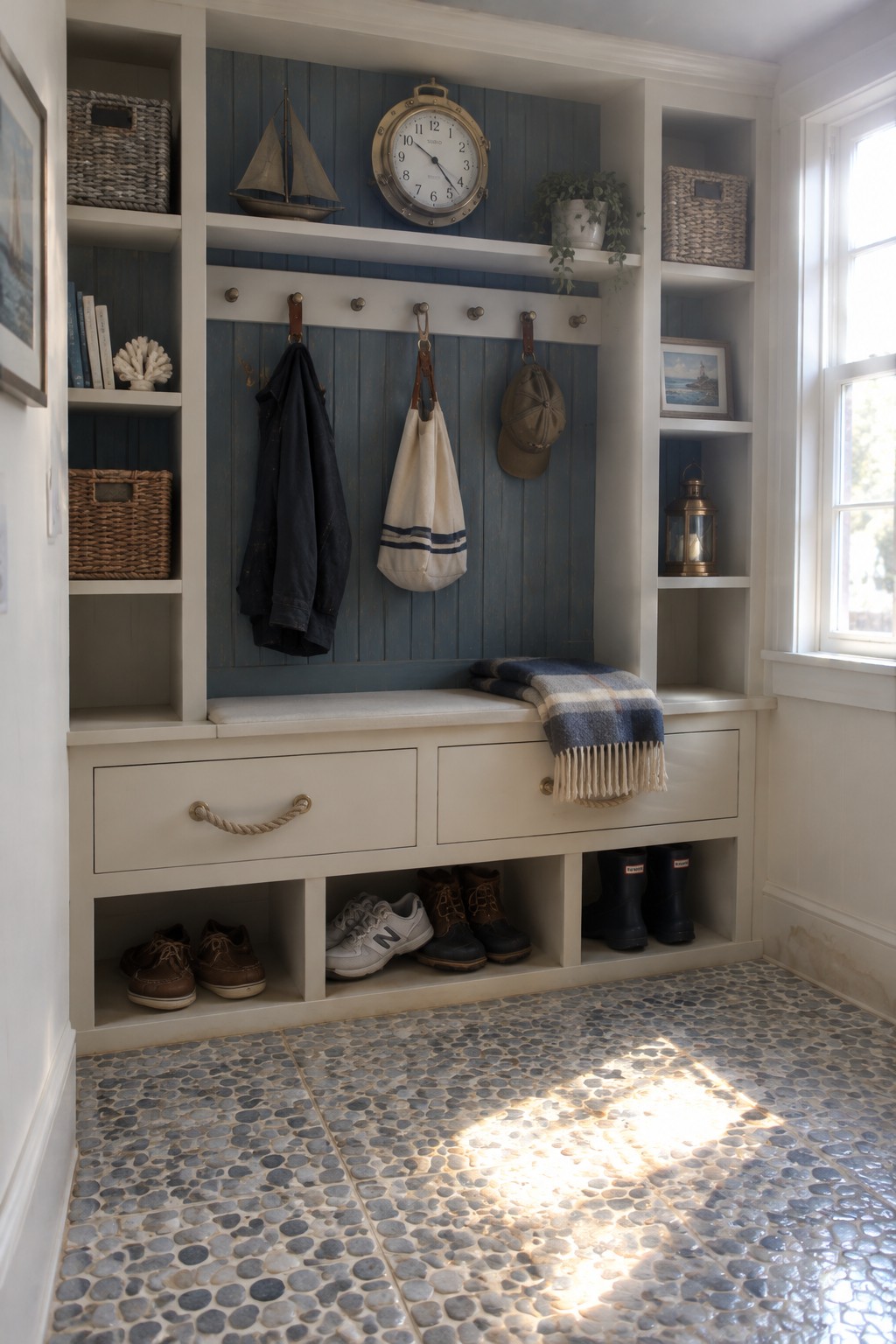 A coastal-style entryway with blue wood paneling, a built-in bench, drawers, shoe cubbies, and hooks for coats and bags.