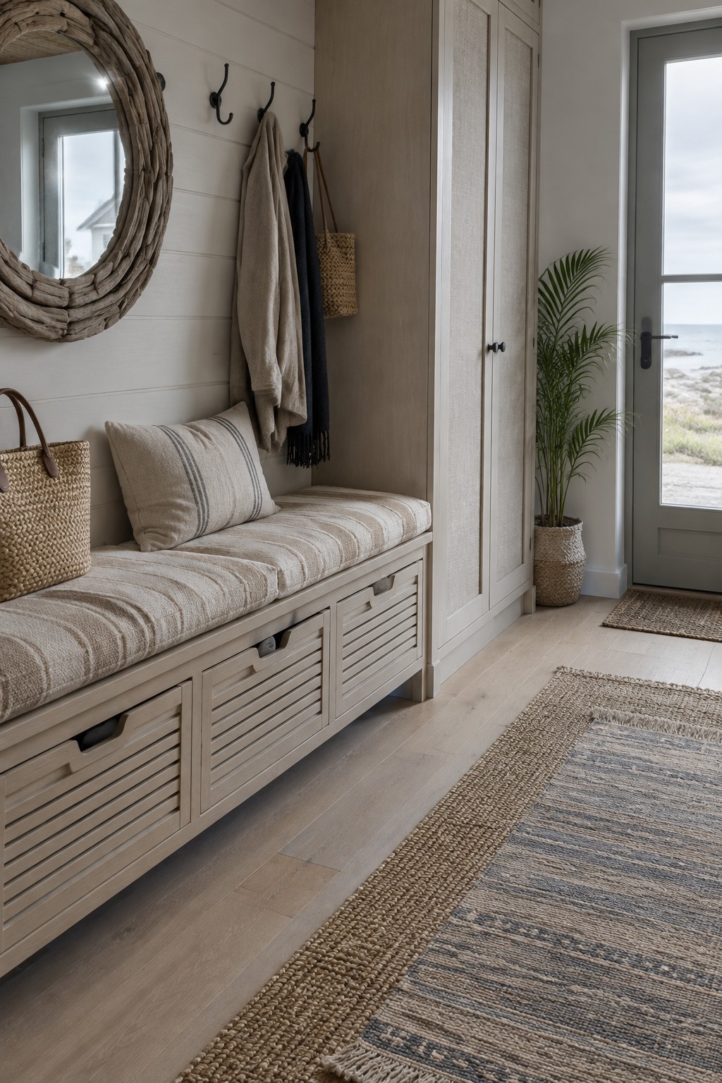 A built-in entryway bench with slatted storage drawers, a striped cushion, wall hooks, and a woven mirror frame.