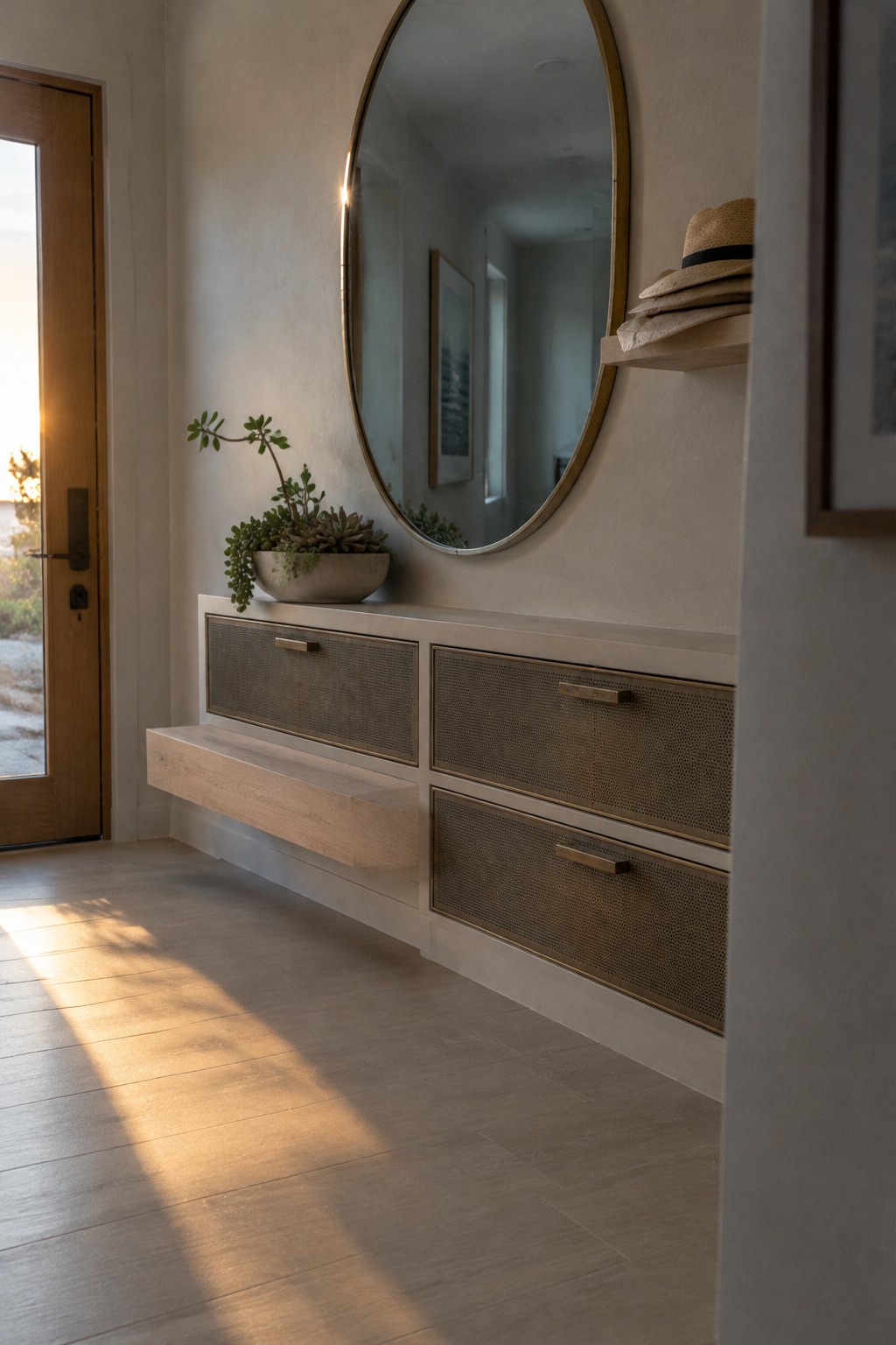 A wall-mounted entry cabinet with woven drawer fronts sits beneath an oval mirror, with a potted succulent on top.