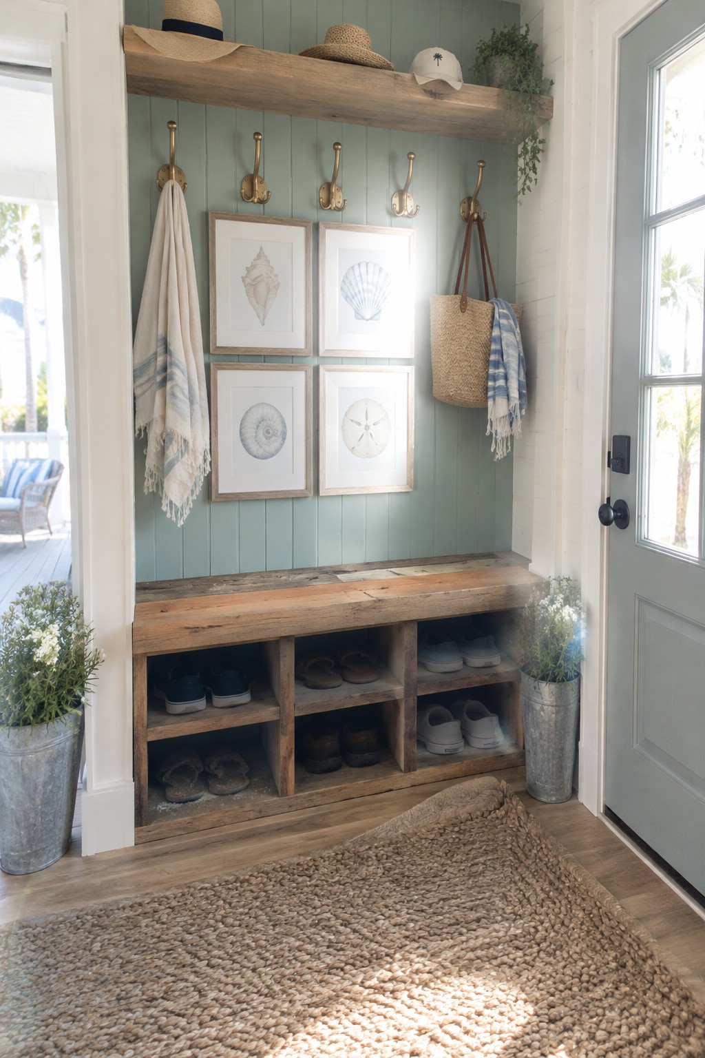 A wood entry bench has open shoe cubbies beneath a paneled wall with framed shell prints and brass hooks.