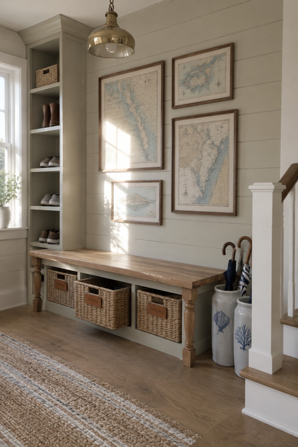 An entryway with open shoe shelves beside a wooden bench, woven baskets underneath, and framed maps on the wall.
