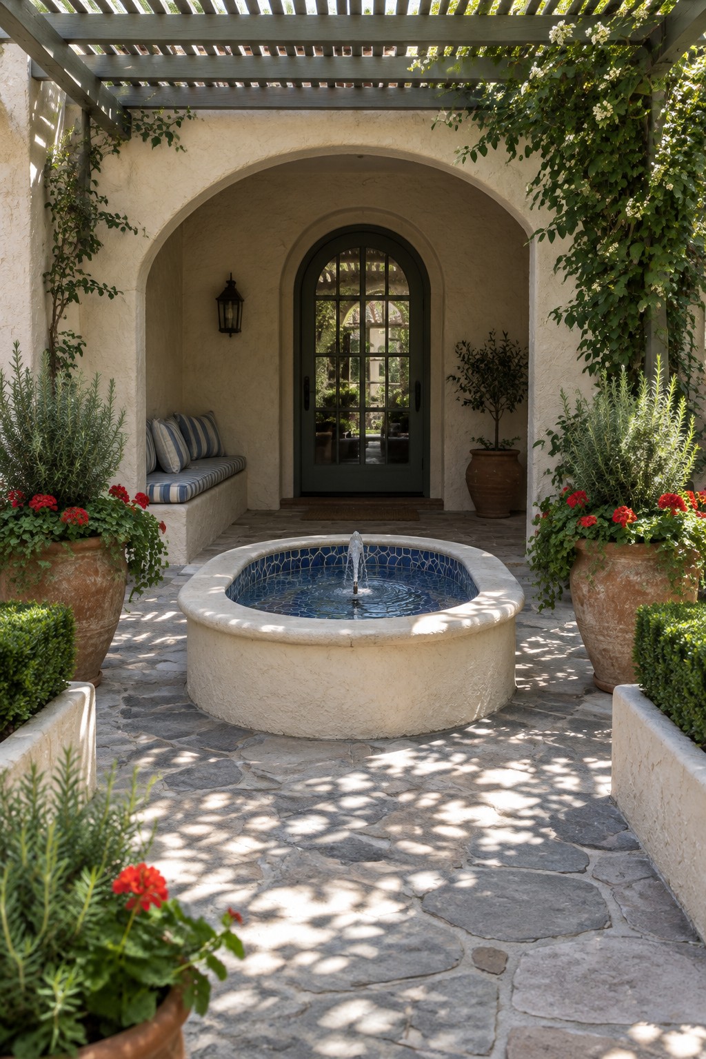A round stone fountain stands on a flagstone patio beneath a wooden pergola, near an arched doorway and potted plants.