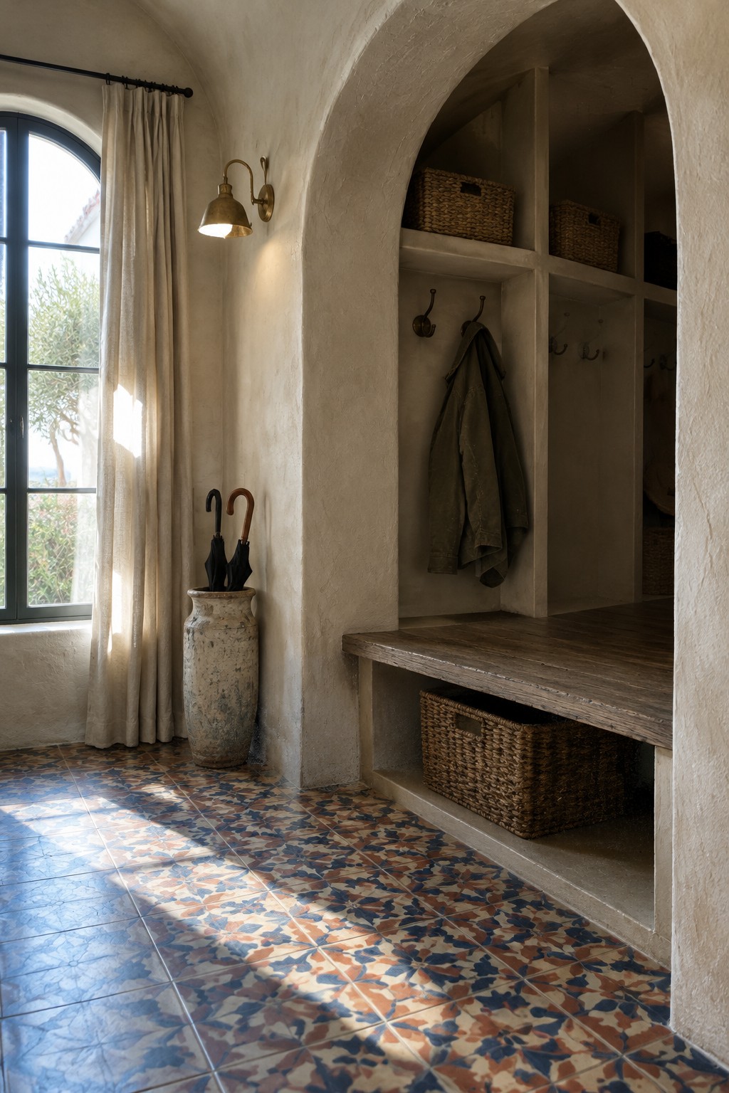 An arched stucco entry nook with coat hooks, woven baskets, a wooden bench, and patterned floor tiles.