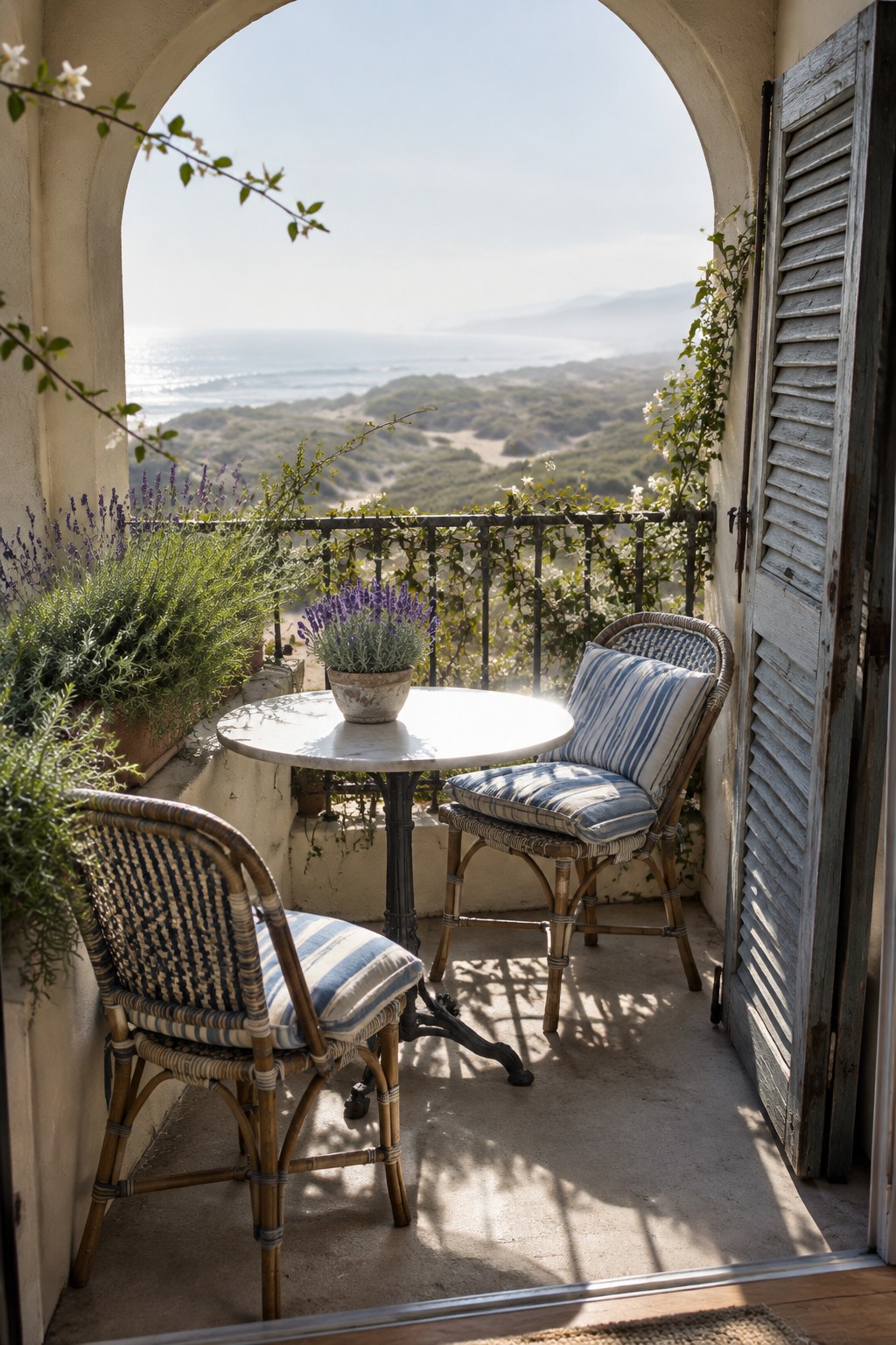 A small balcony with a round table, two wicker chairs, potted flowers, and an open wooden shutter.
