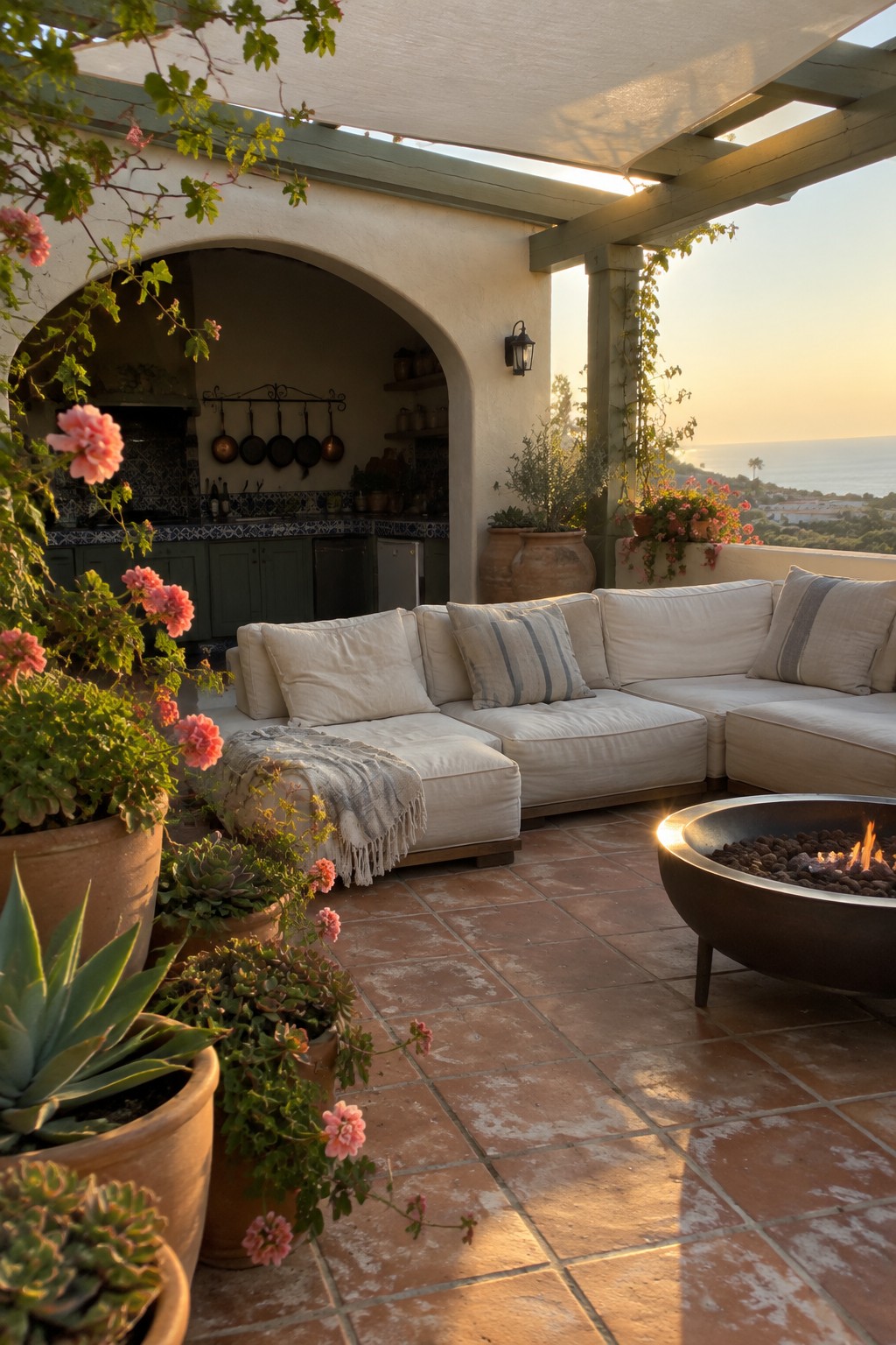 A covered terrace with a white sectional sofa, terracotta tile, potted plants, an arched outdoor kitchen, and a fire pit.