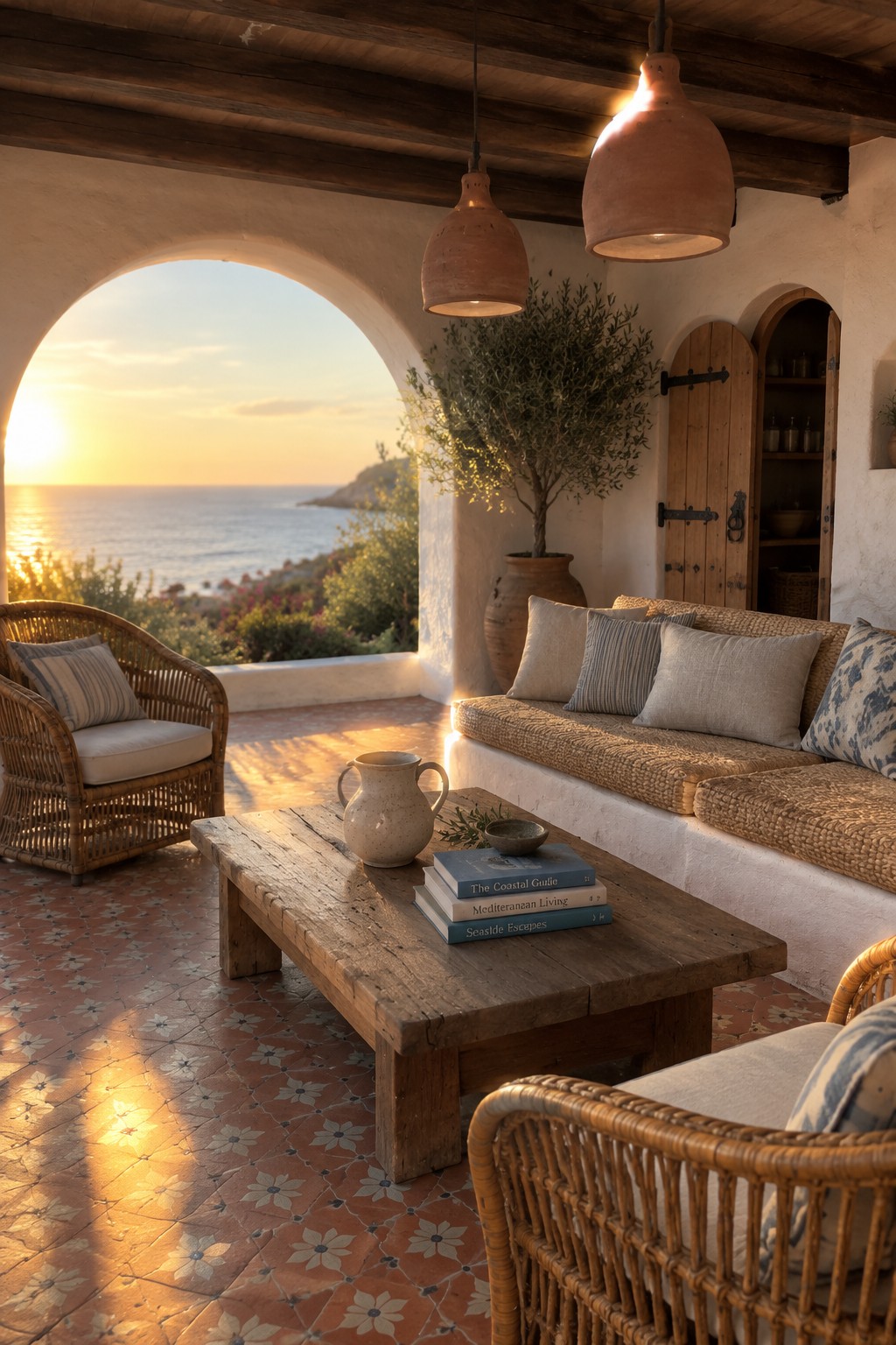 A stucco living room with a built-in cushioned bench, wicker chairs, and an arched opening overlooking the sea.