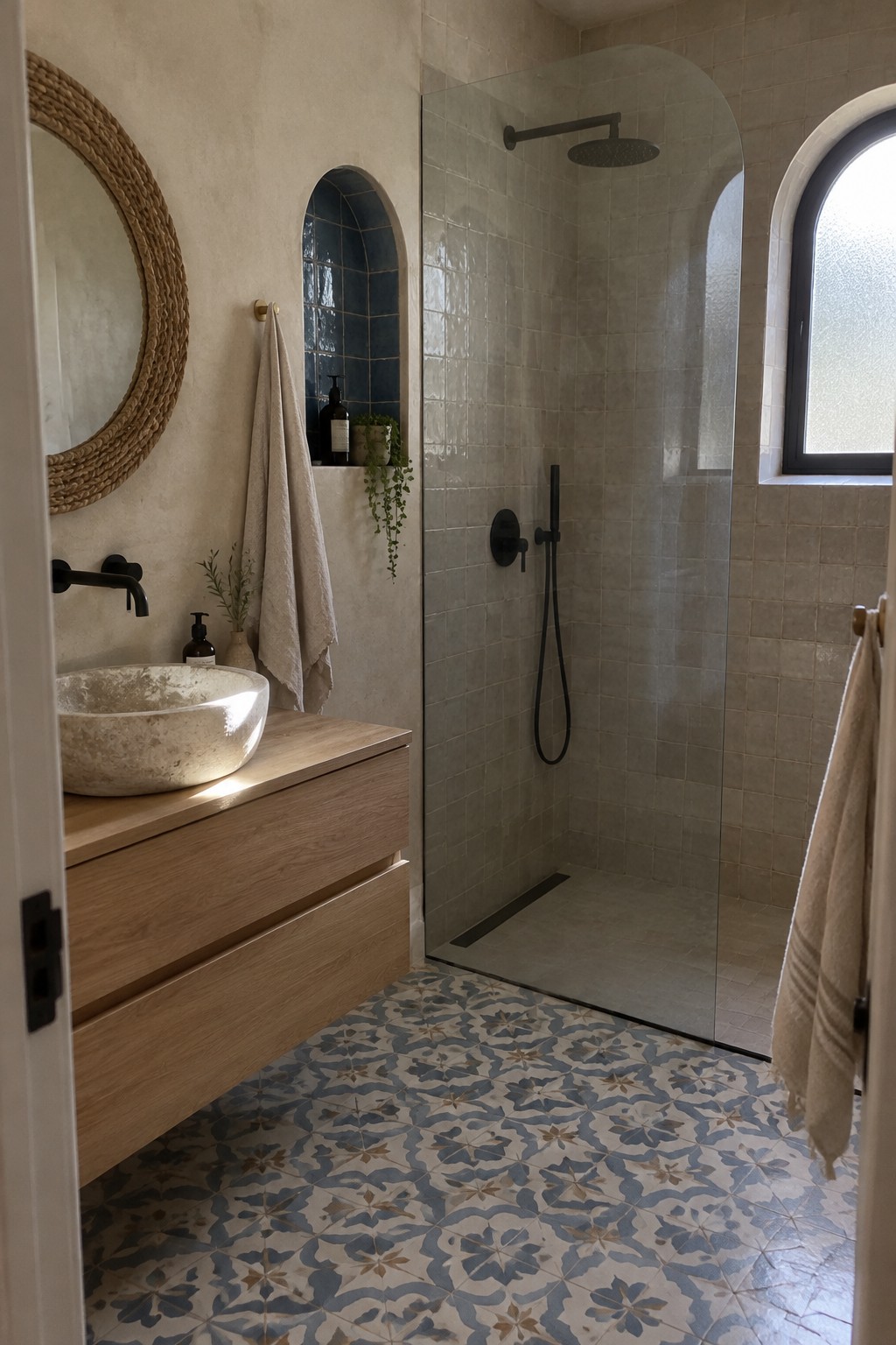 A bathroom with blue-and-tan patterned floor tiles, a wood vanity, and a tiled walk-in shower.