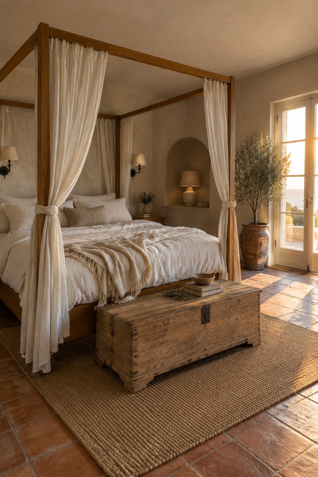 A wooden canopy bed with white linen curtains and bedding, a woven rug, and a wooden storage chest in a warm-toned bedroom.