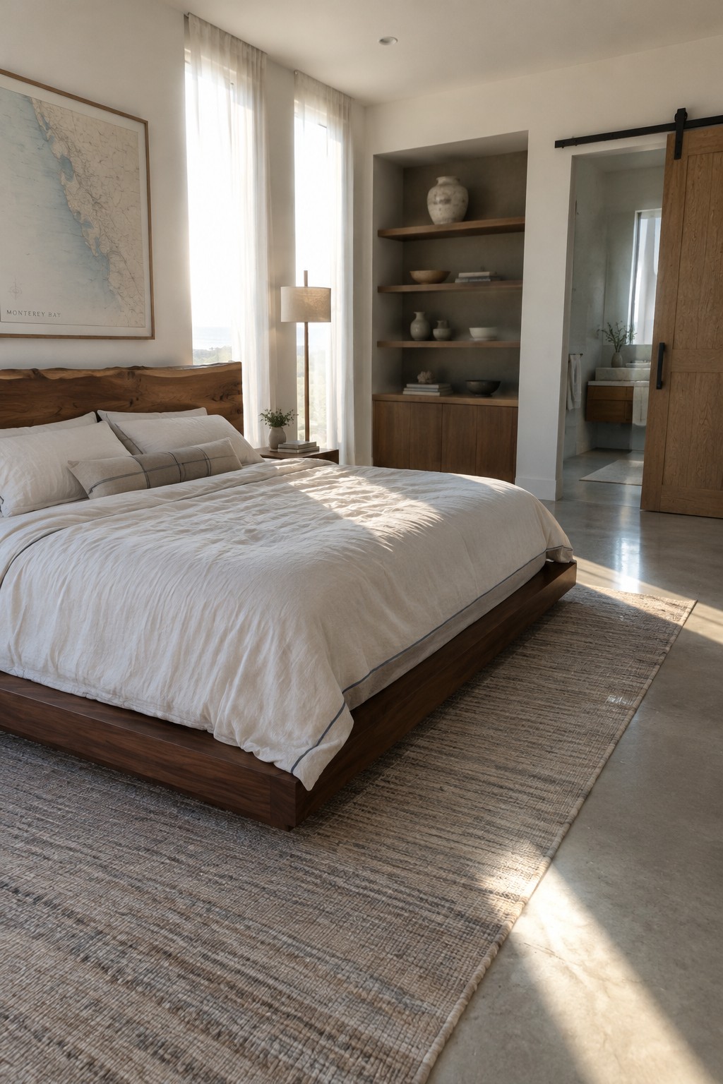 A bedroom with a dark wood bed frame, white bedding, and built-in shelves set into a recessed wall.