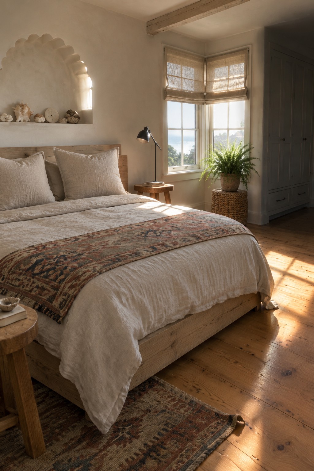 A natural wood bed with cream linen bedding and a patterned runner sits in a sunlit bedroom.