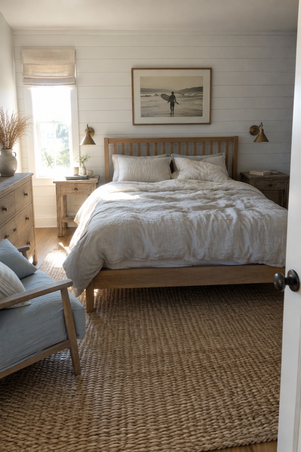 A natural wood bed with white linen bedding sits against a white plank wall in a bedroom.