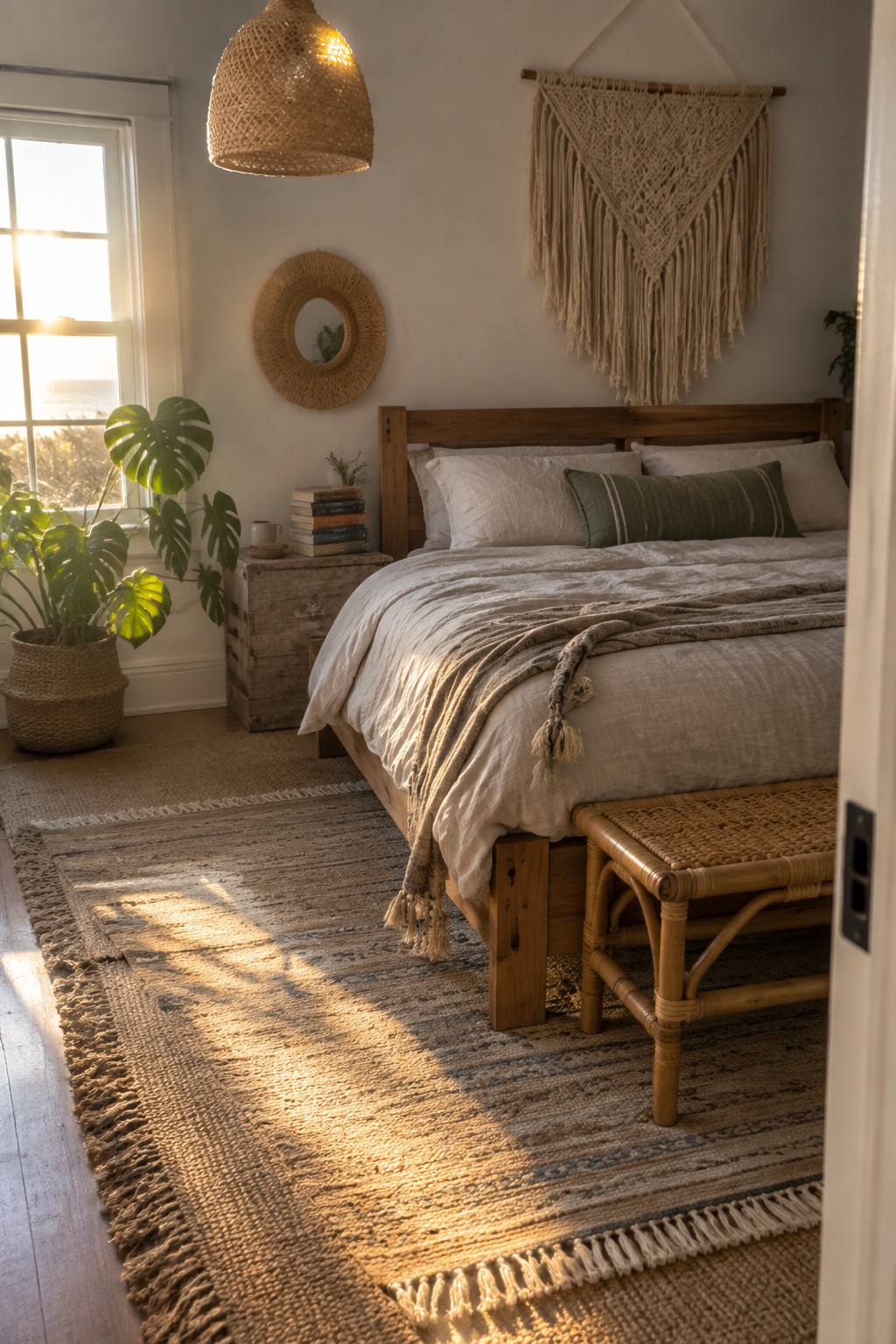 A coastal bedroom with a wooden bed frame, pale linen bedding, a woven rug, and natural fiber wall decor.
