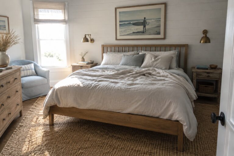 A natural wood bed with white linen bedding sits against a white plank wall in a bedroom.