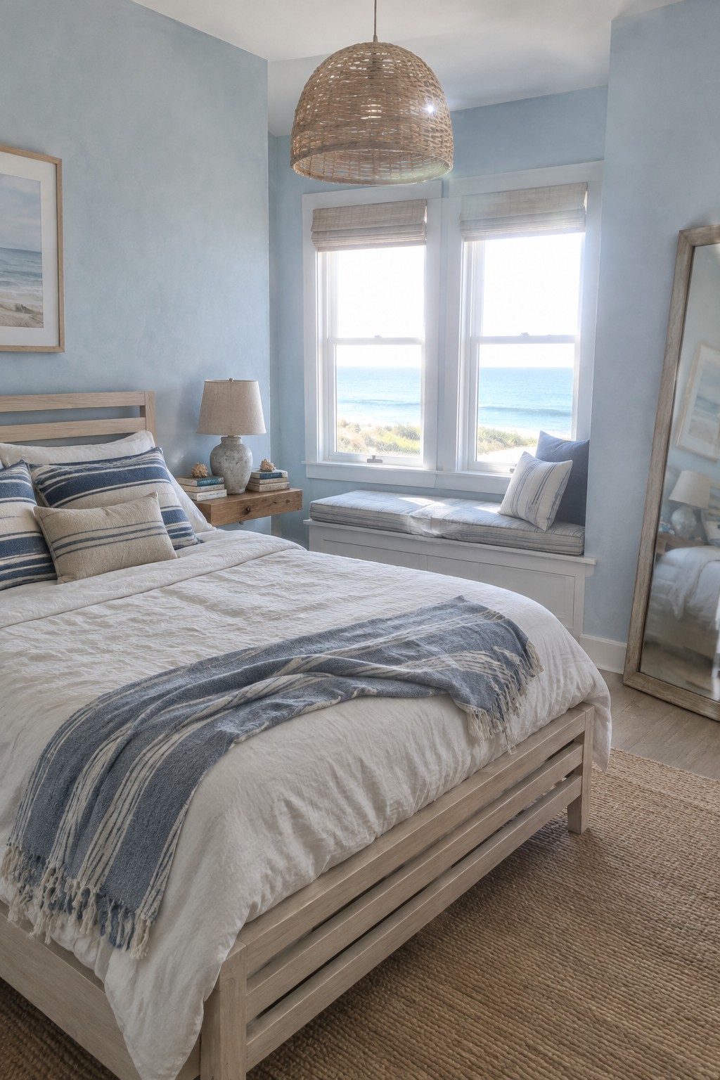 A bedroom with pale blue walls, a light wood bed, white linen bedding, blue striped pillows, and two windows overlooking the ocean.