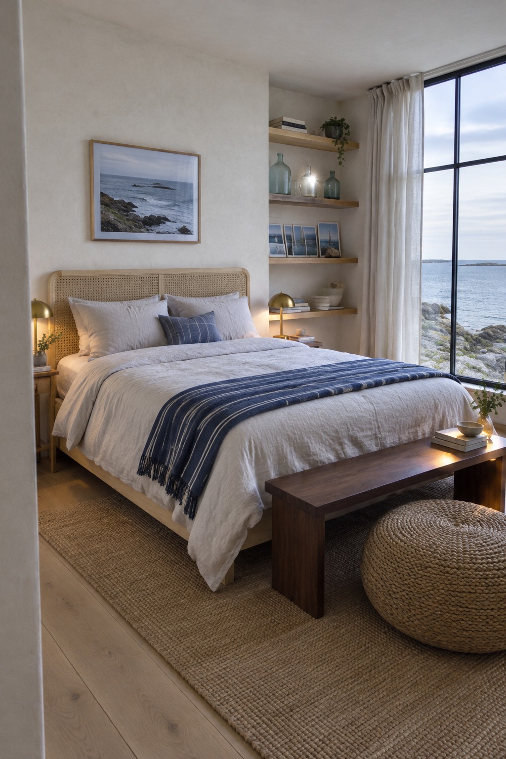 A bedroom with white linen bedding, a woven wood headboard, and a blue throw at the foot of the bed.