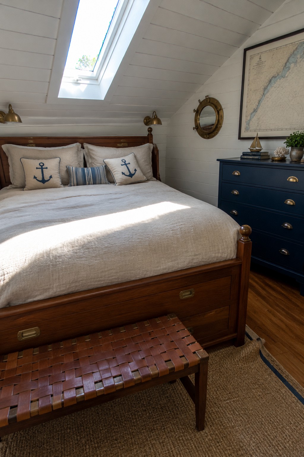 A wood bed with white bedding and anchor-print pillows in a coastal-style bedroom.