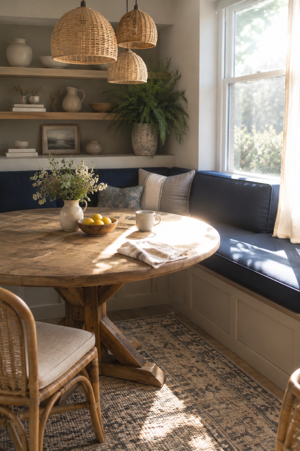 A navy banquette wraps around a round wooden dining table with wicker chairs, woven pendant lights, and neutral cushions.