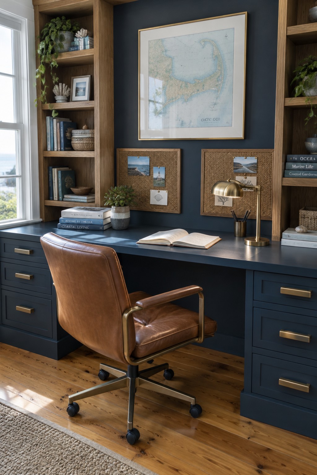 A navy built-in desk and cabinets sit between wood bookshelves in a home office, with a leather chair, framed coastal map, and brass desk lamp.