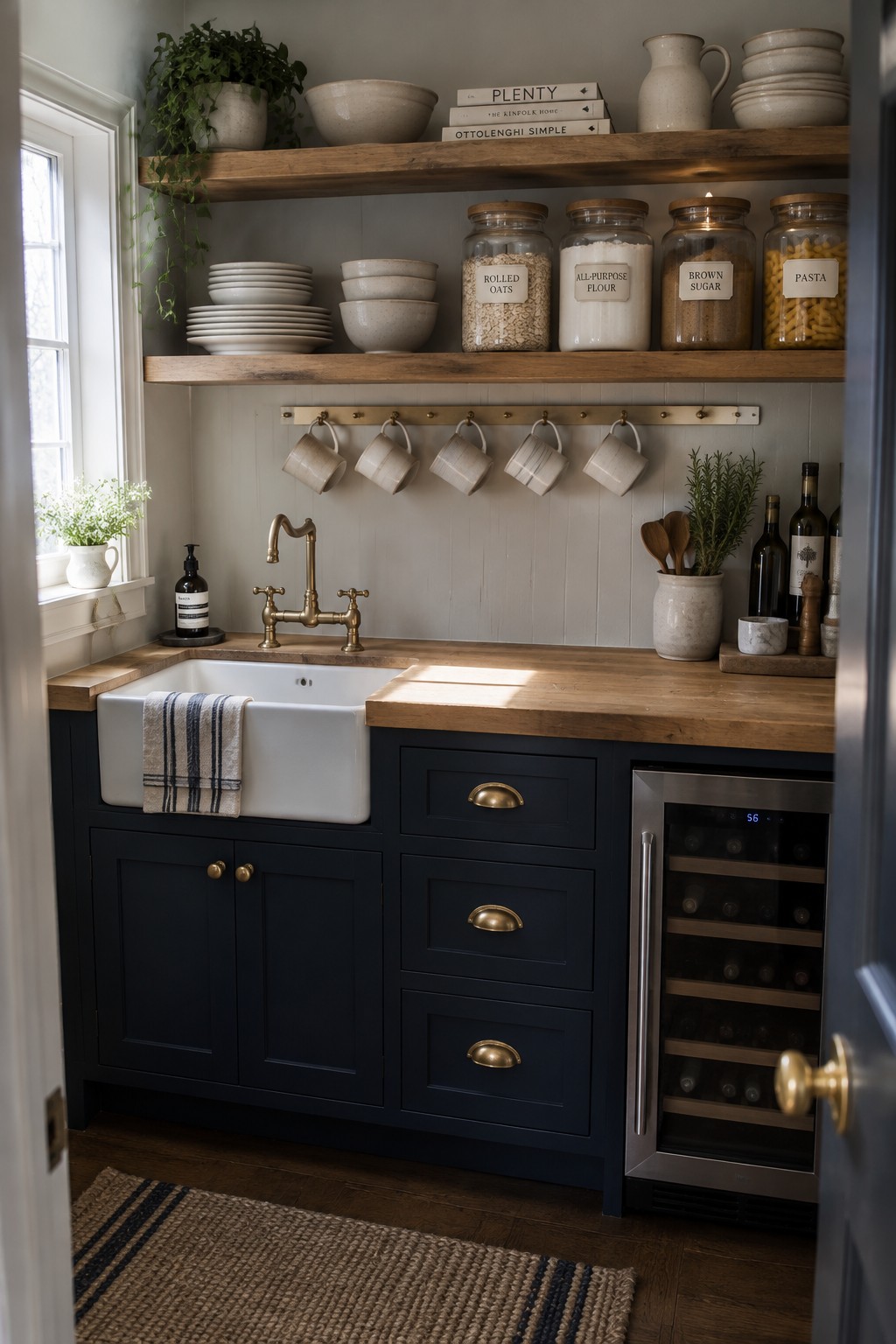 A compact pantry with navy cabinets, a wooden countertop, open shelves, labeled glass jars, and a white farmhouse sink.