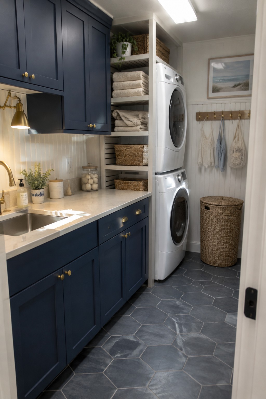 A laundry room with navy cabinets, a light countertop, open shelves, and stacked white washer and dryer.