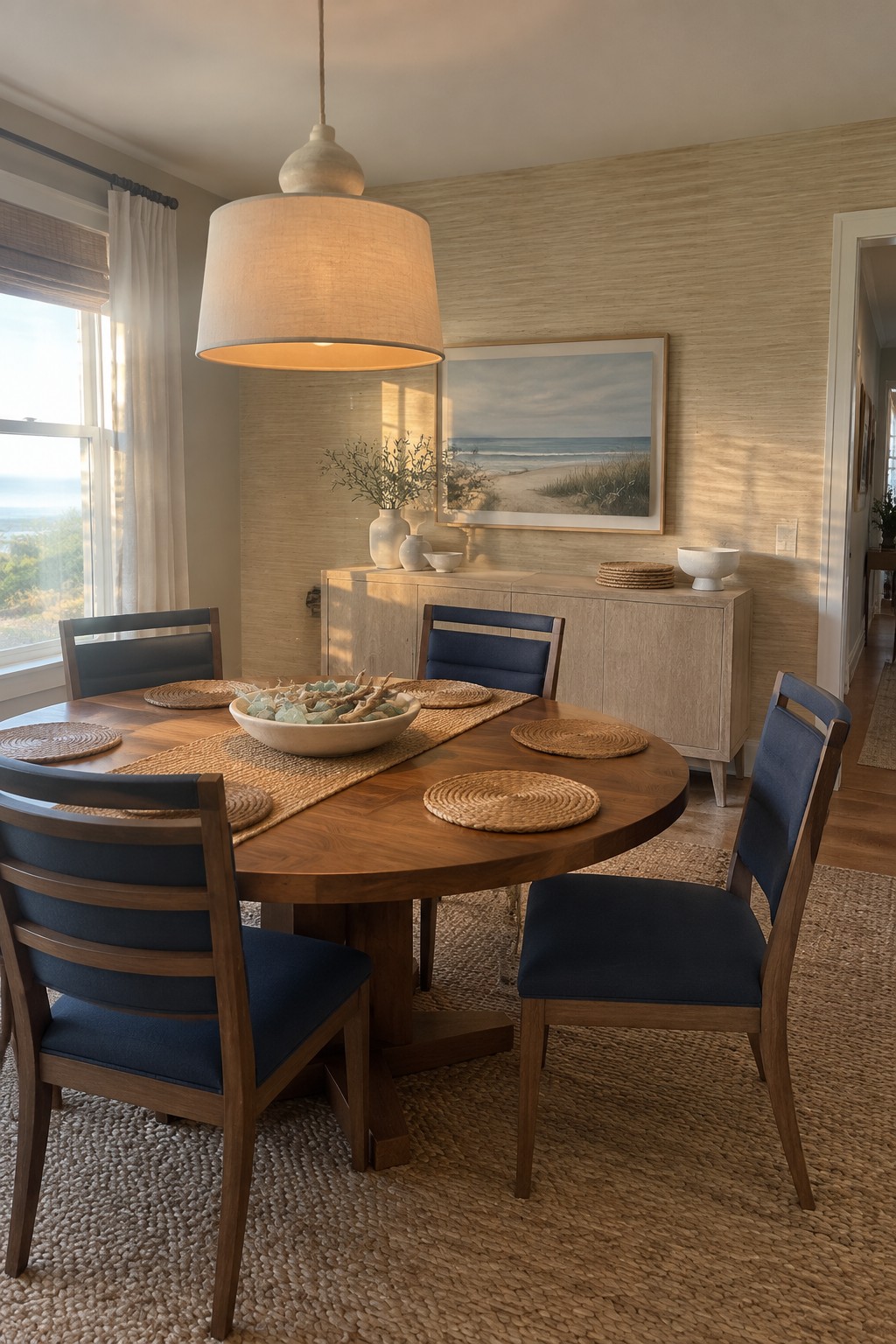 A round wooden dining table with navy upholstered chairs sits on a woven rug in a neutral dining room.