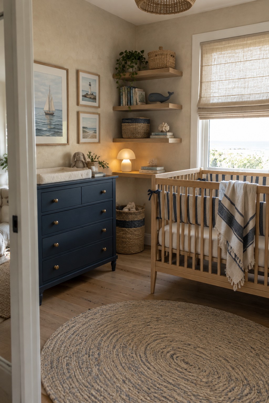 A nursery with a navy dresser, a natural wood crib, woven shelves, and a round jute rug.