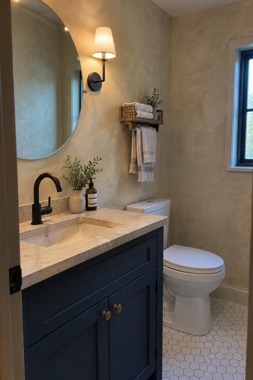 A bathroom with a navy vanity, pale stone countertop, round mirror, wall sconce, and white toilet.