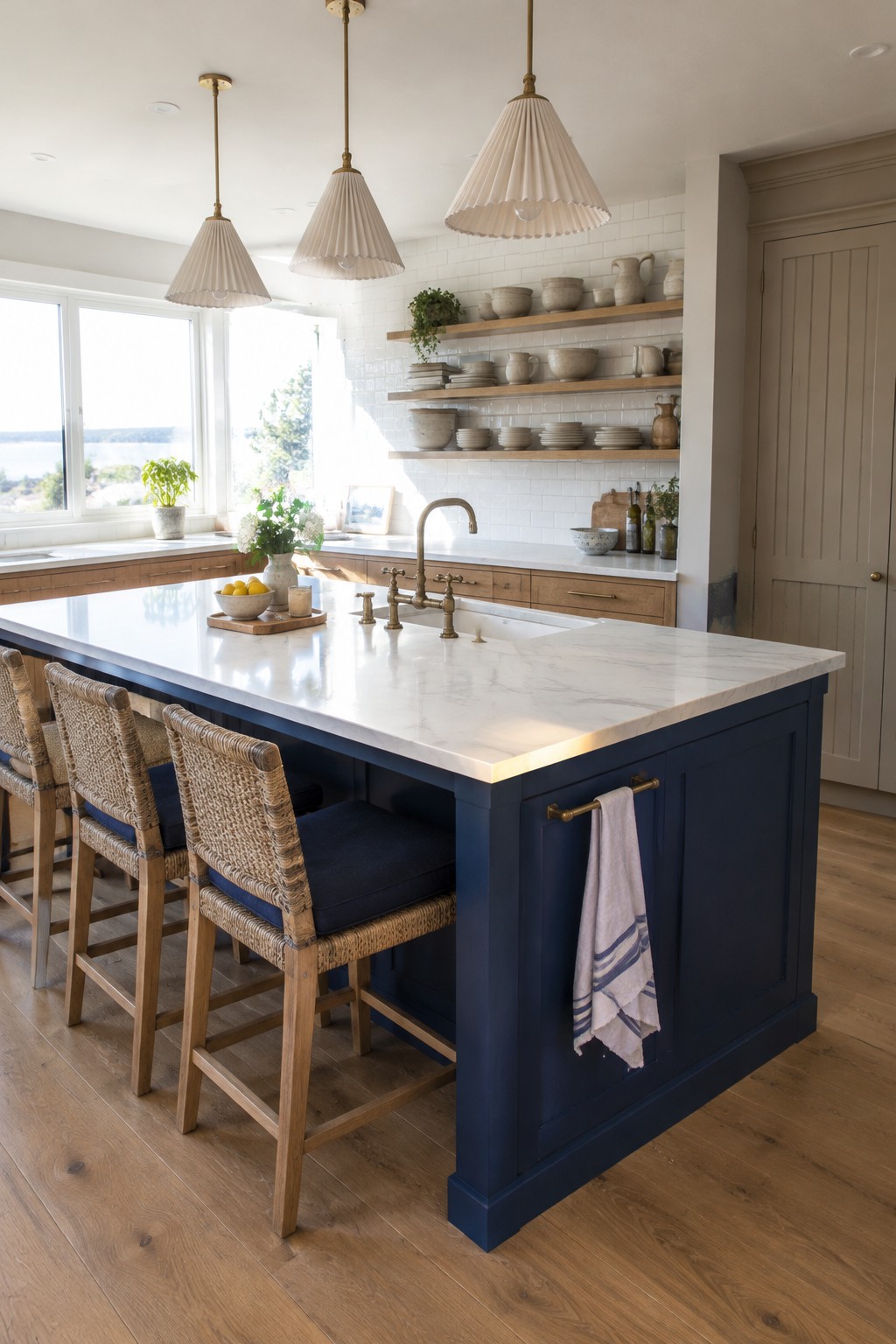 A kitchen with a navy blue island, white marble countertop, woven bar stools, and brass pendant lights.