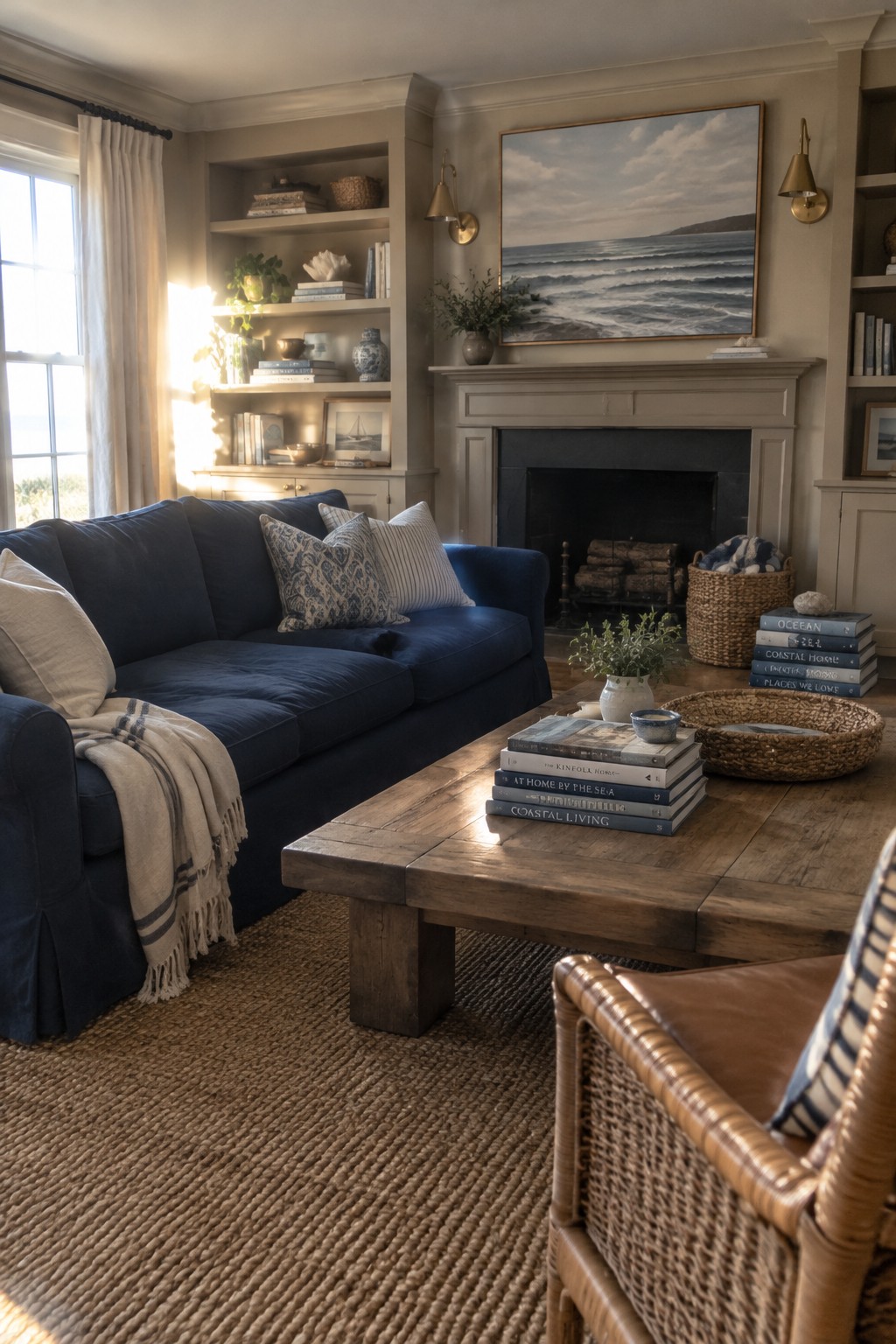 A navy sofa sits in a neutral living room with a woven rug, wood coffee table, and fireplace.