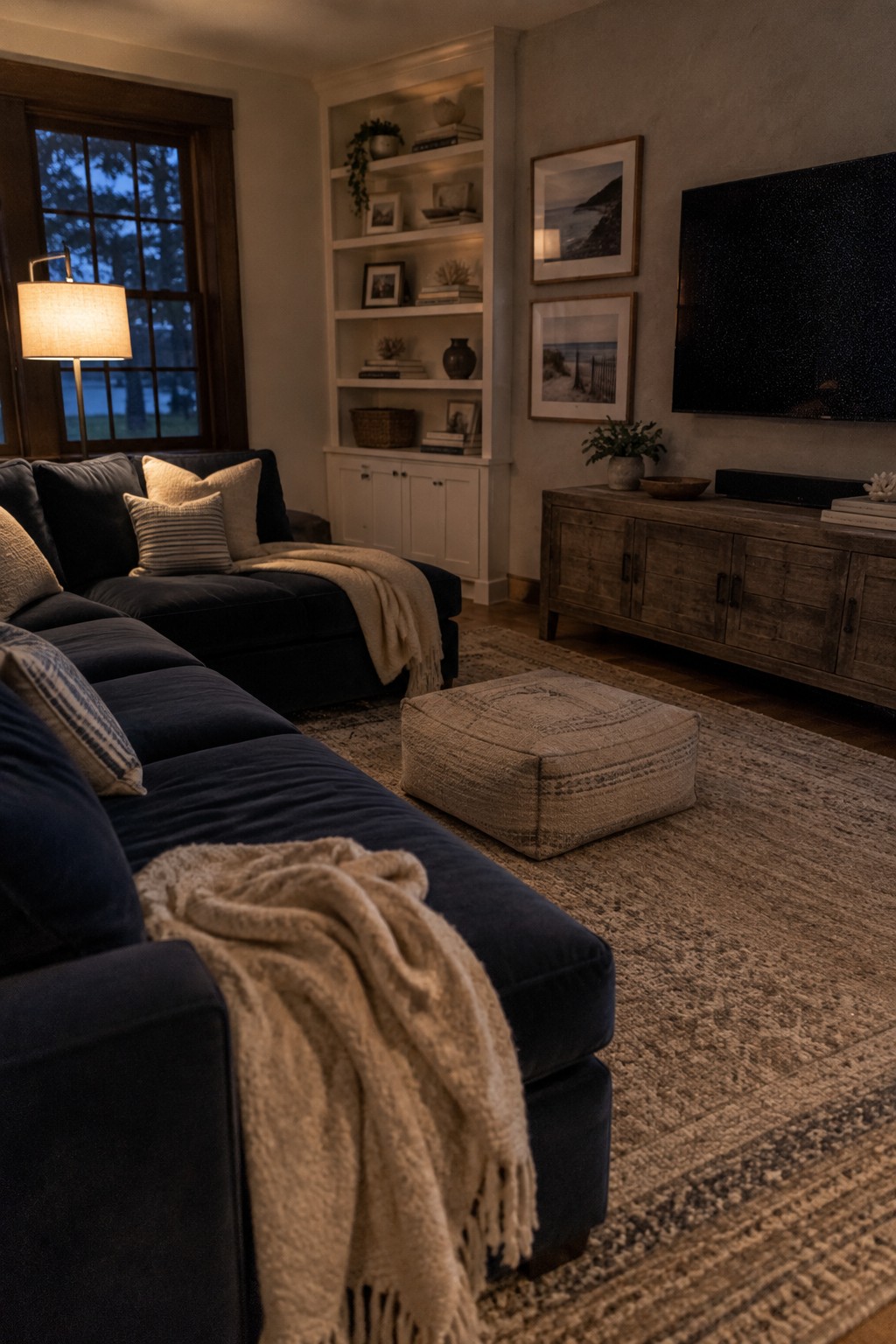 A living room with navy sofas, cream pillows and throws, a woven rug, and a wood media console.